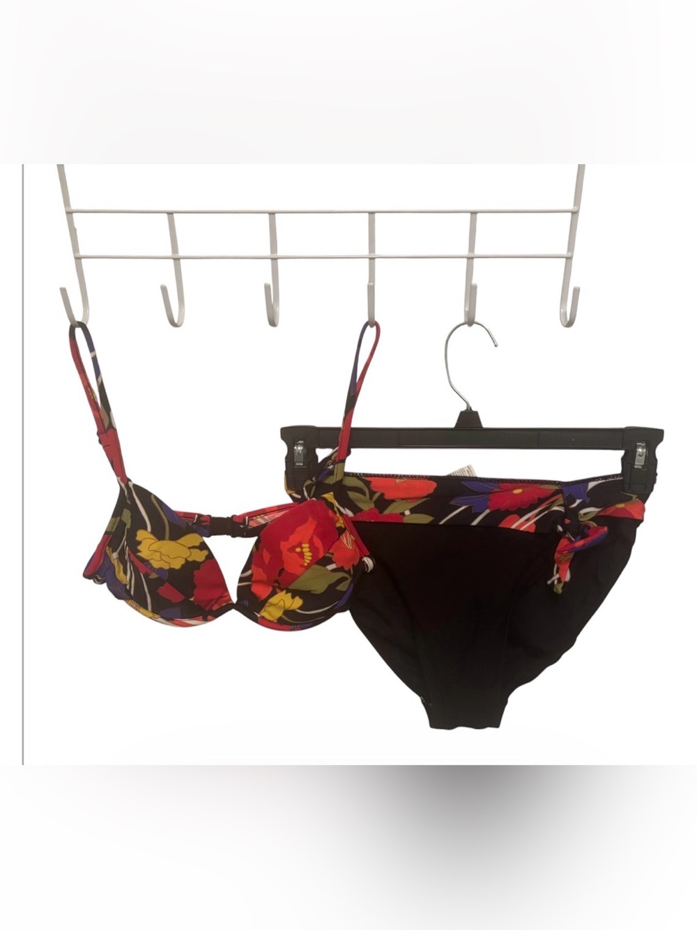 Floral Tie-Accent Bikini Set in Black and Multi - Women Swim Bikinis